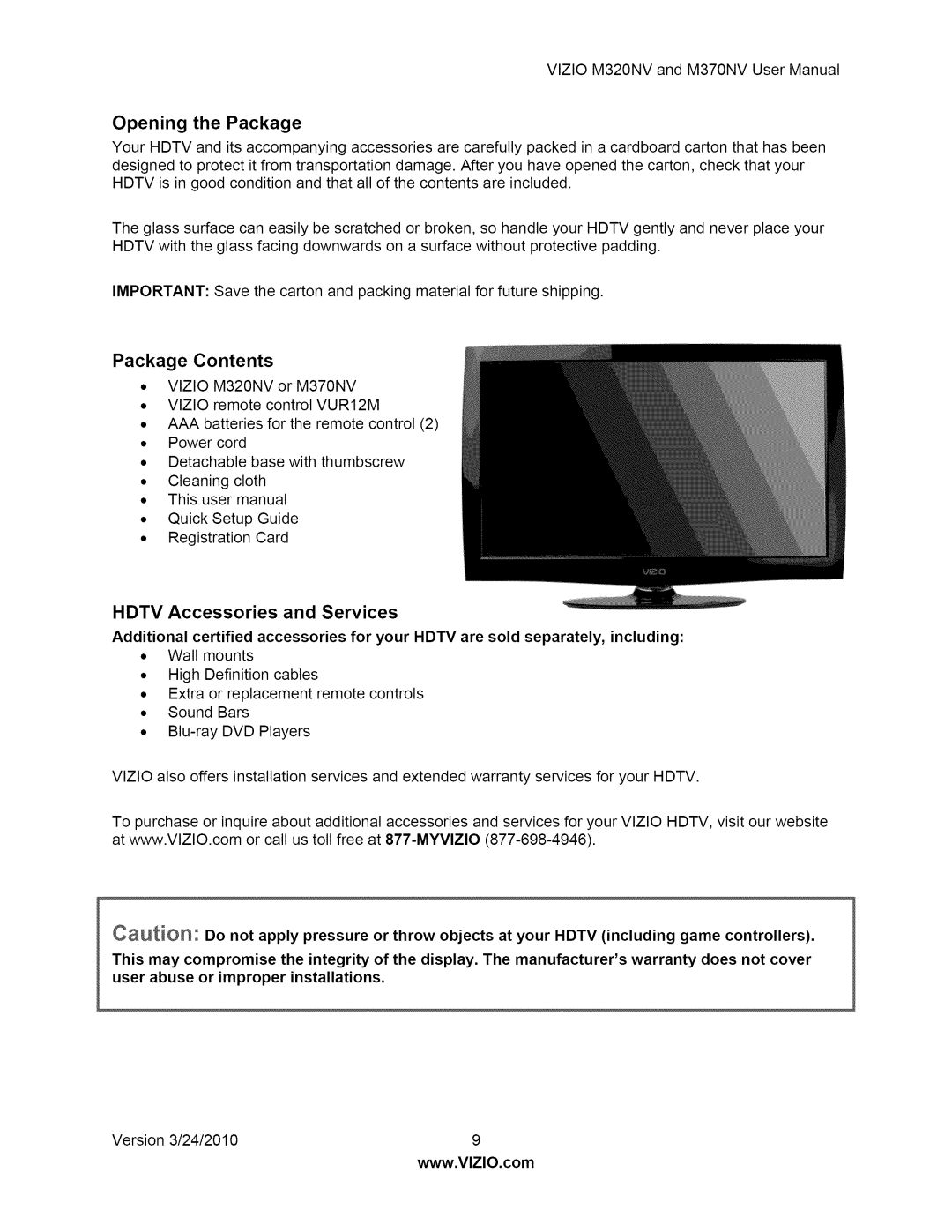 Vizio M370NV user manual Opening the Package 