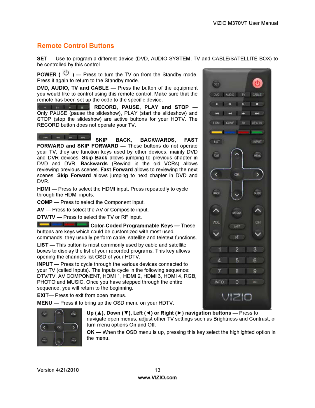 Vizio M370VT manual Remote Control Buttons 