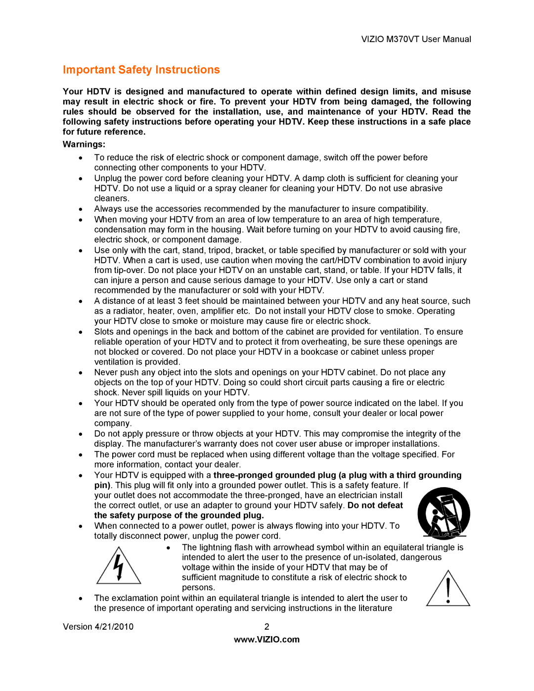 Vizio M370VT manual Important Safety Instructions 