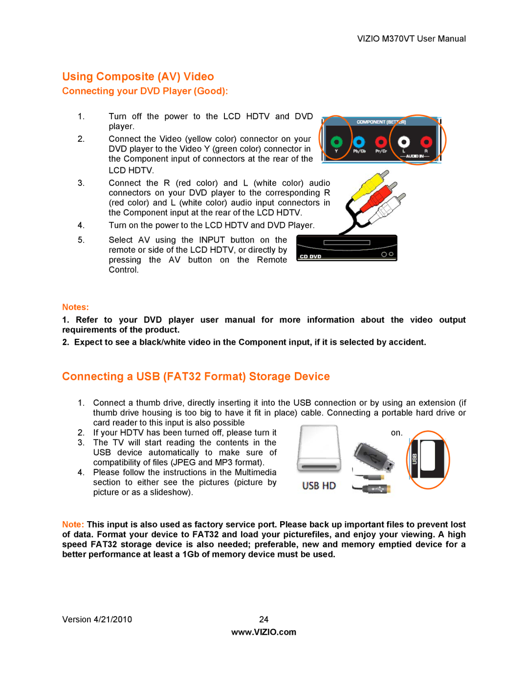 Vizio M370VT manual Using Composite AV Video, Connecting a USB FAT32 Format Storage Device 