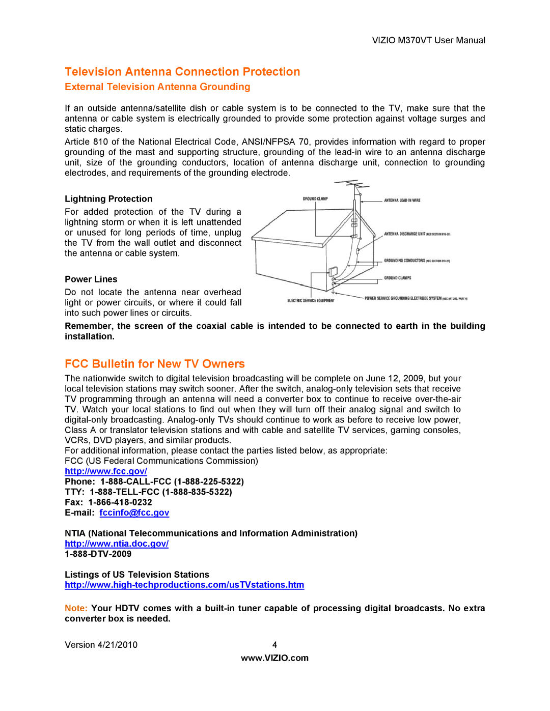 Vizio M370VT manual Television Antenna Connection Protection, FCC Bulletin for New TV Owners 