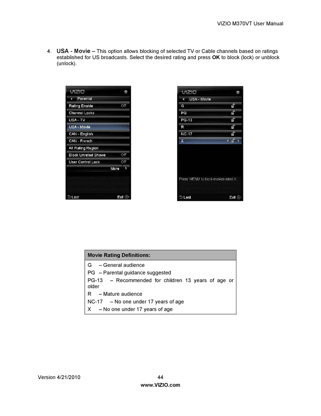 Vizio M370VT manual Movie Rating Definitions 