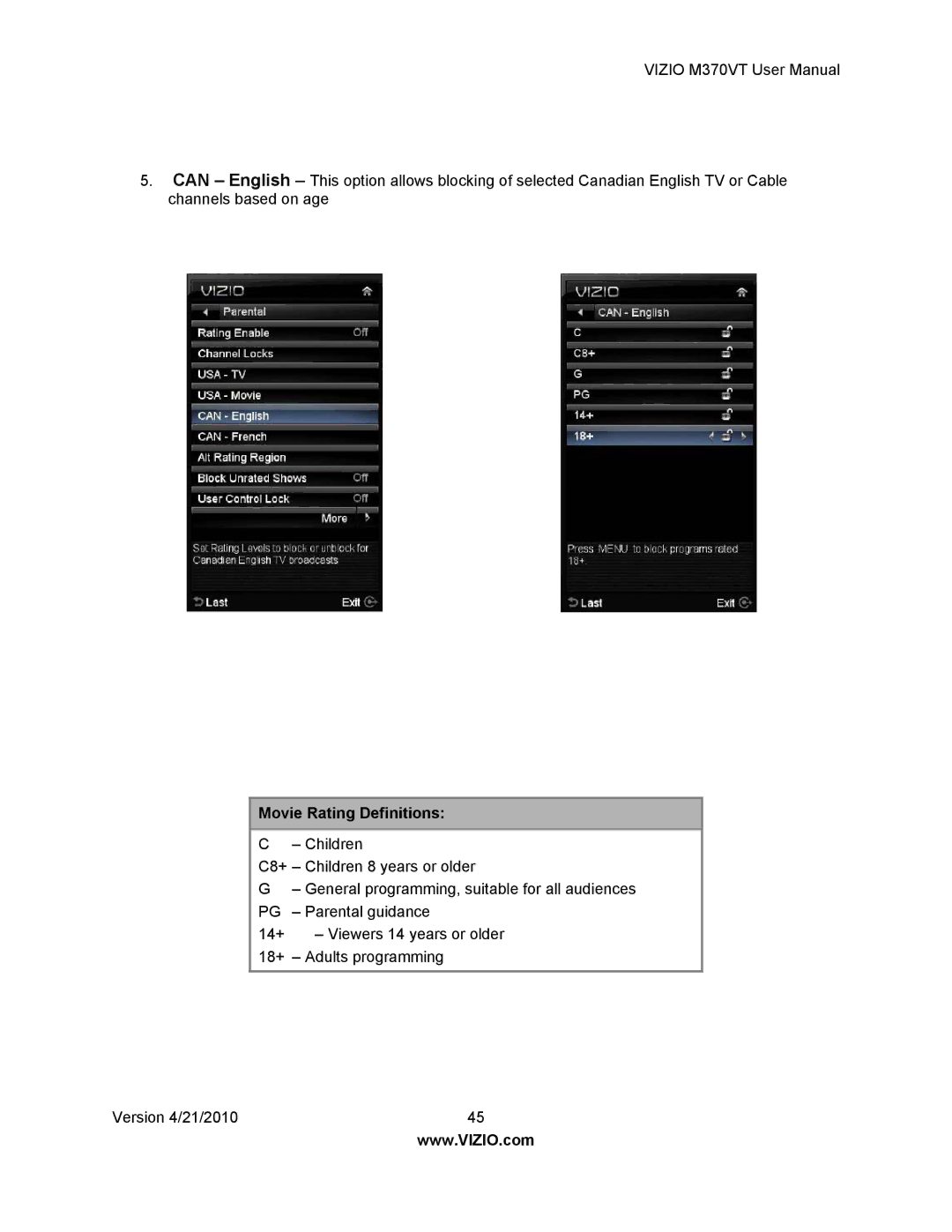 Vizio M370VT manual Movie Rating Definitions 