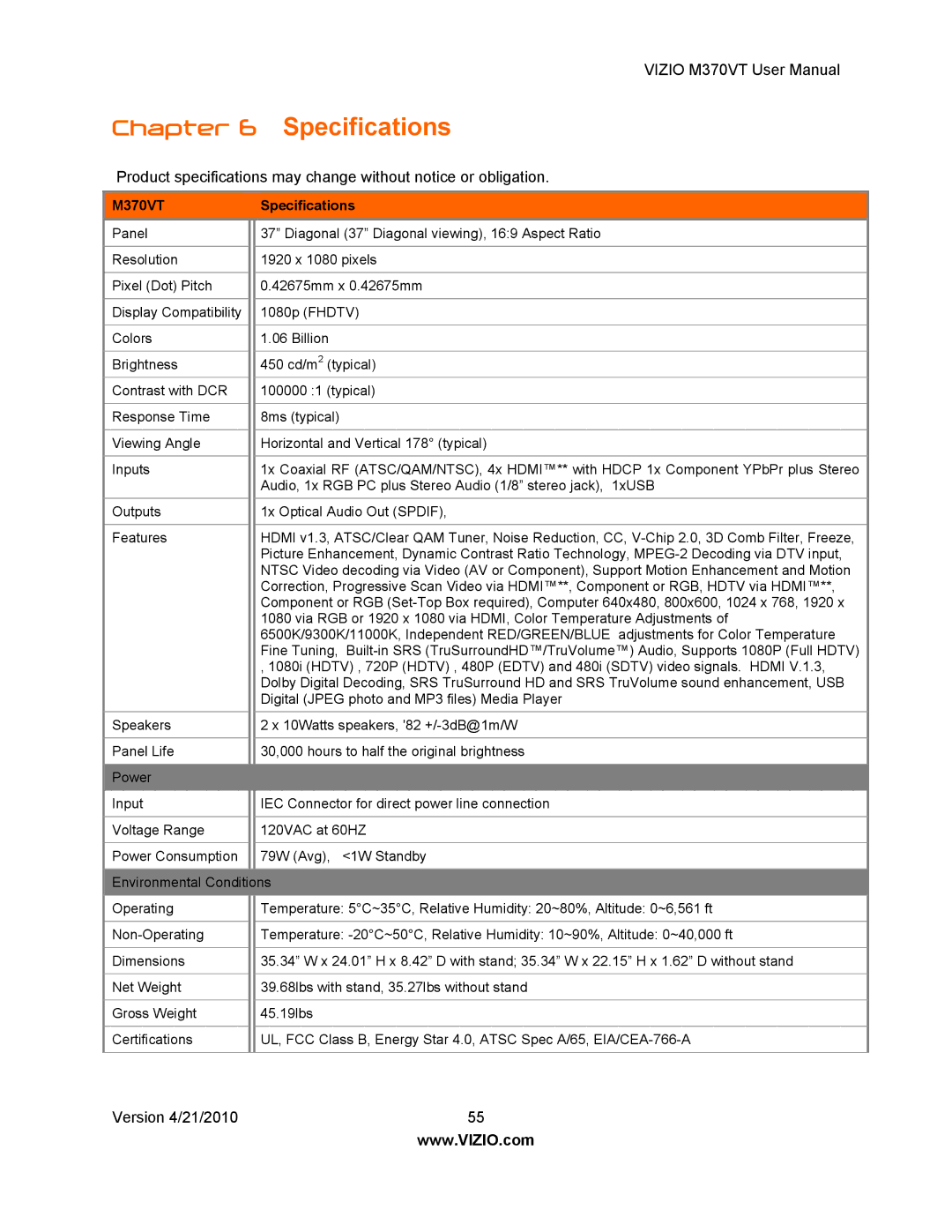 Vizio M370VT manual Specifications 