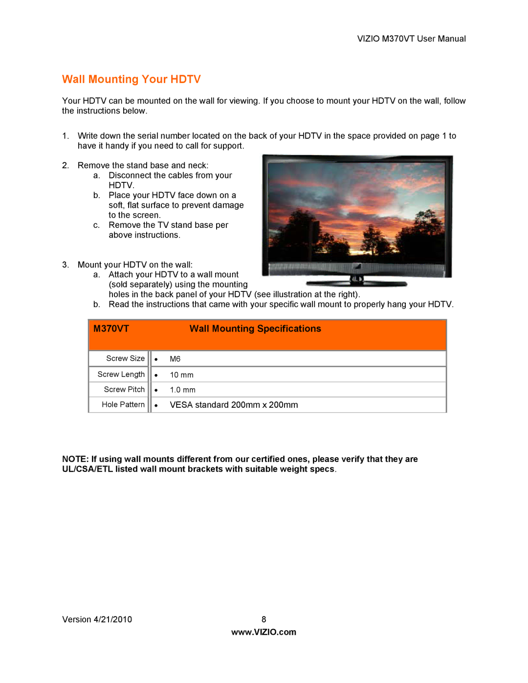 Vizio manual Wall Mounting Your Hdtv, M370VT Wall Mounting Specifications 