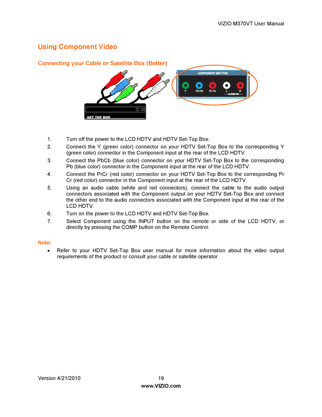 Vizio M370VT manual Using Component Video, Connecting your Cable or Satellite Box Better 