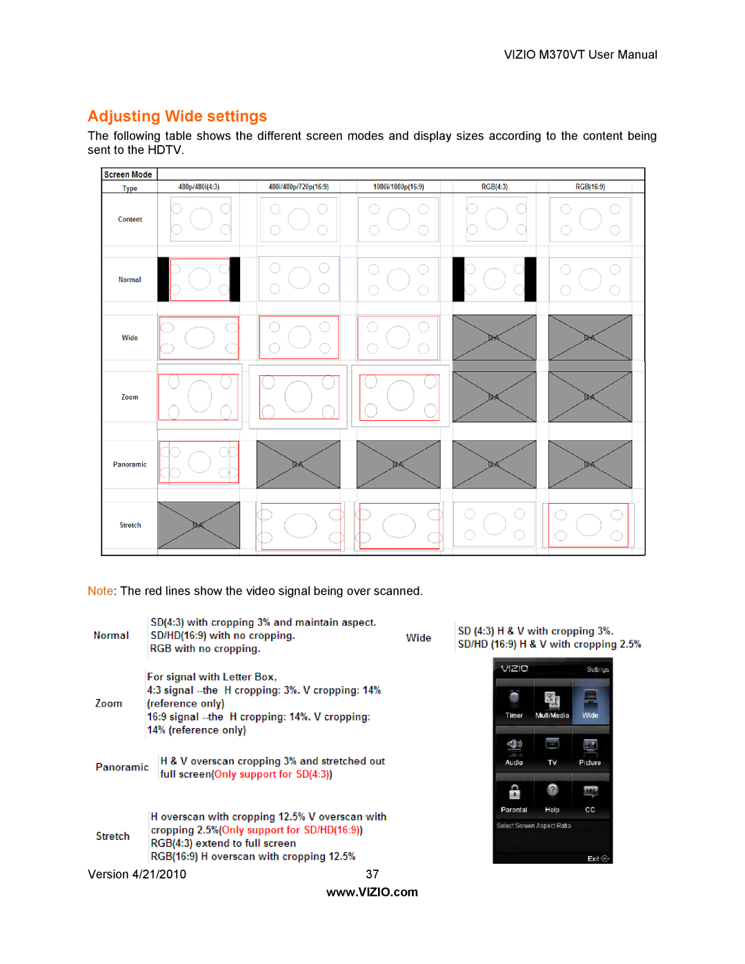 Vizio M370VT manual Adjusting Wide settings 