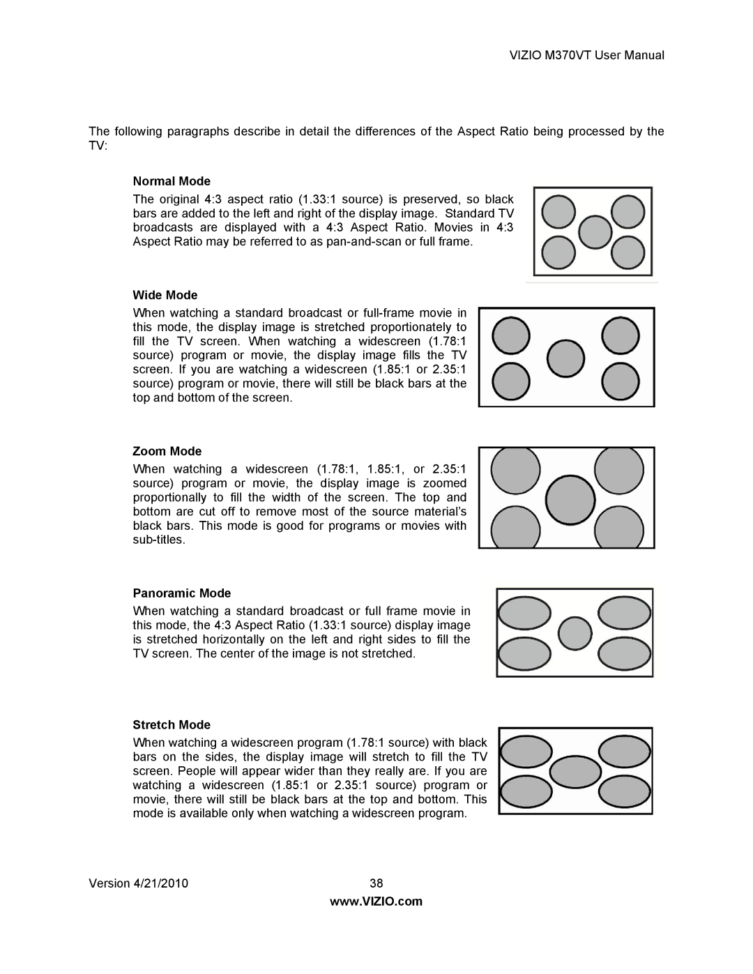 Vizio M370VT manual Normal Mode, Wide Mode, Zoom Mode, Panoramic Mode, Stretch Mode 