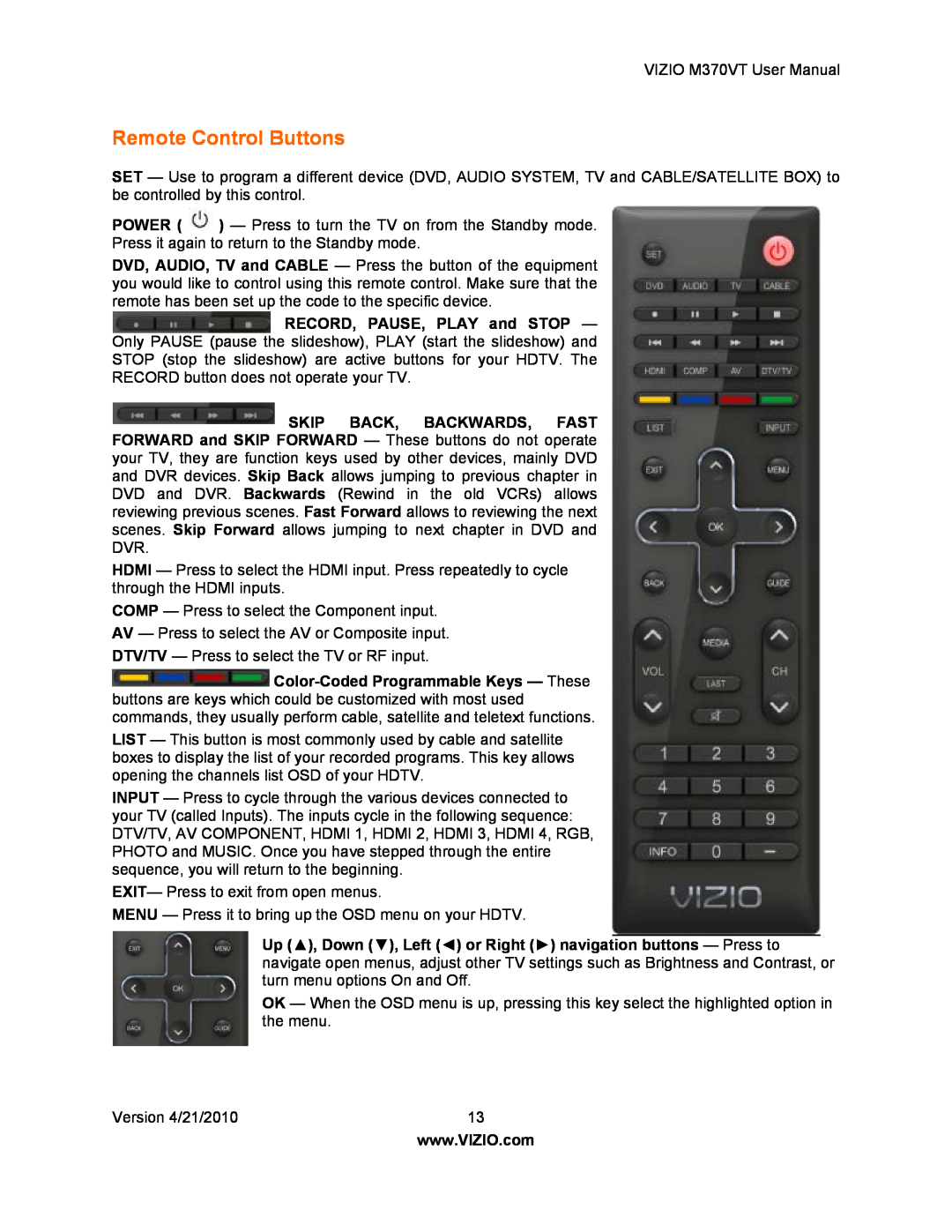 Vizio M370VT manual Remote Control Buttons 