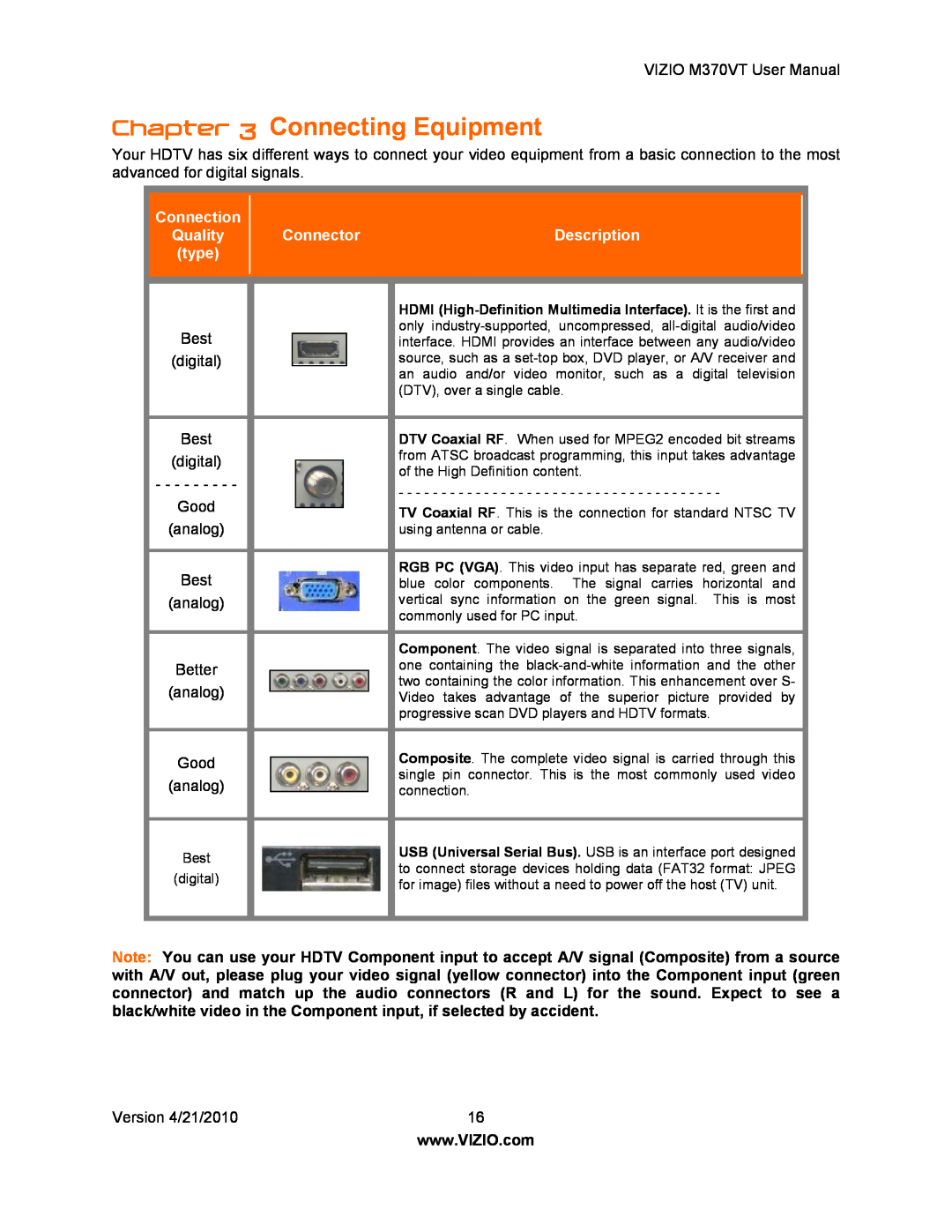 Vizio M370VT manual Connecting Equipment, Connection, Quality, Connector, Description, type 