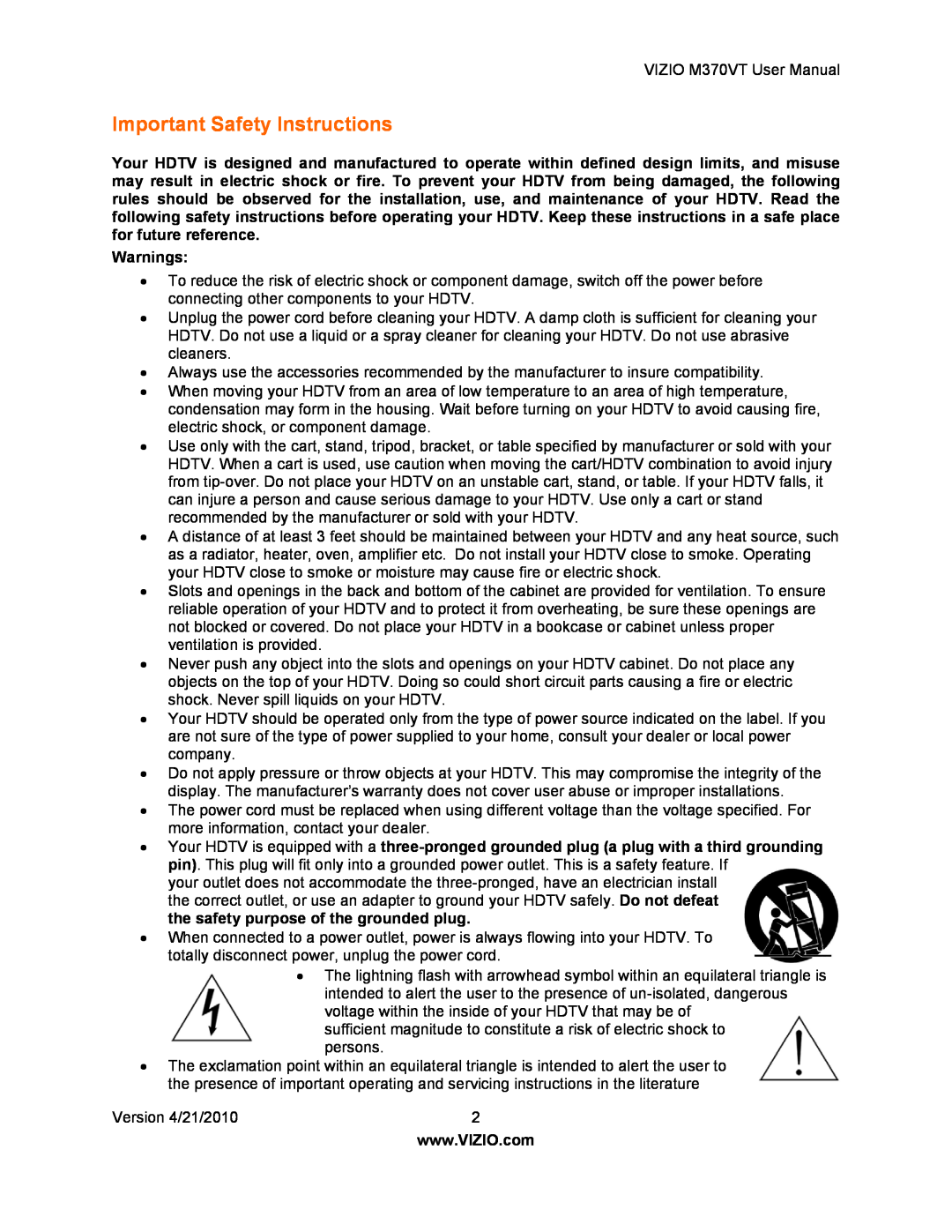 Vizio M370VT manual Important Safety Instructions 