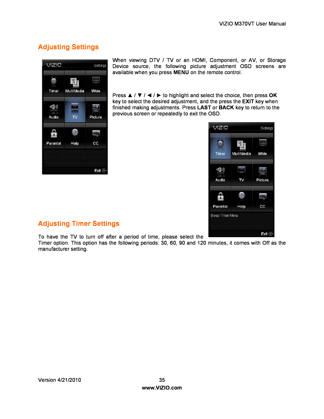 Vizio M370VT manual Adjusting Settings, Adjusting Timer Settings 