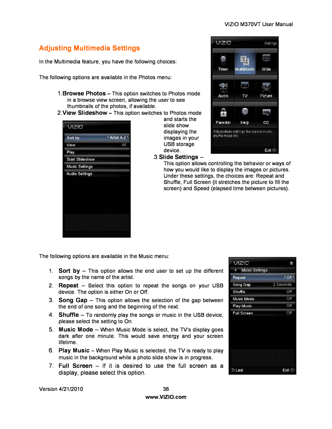 Vizio M370VT manual Adjusting Multimedia Settings, Slide Settings 