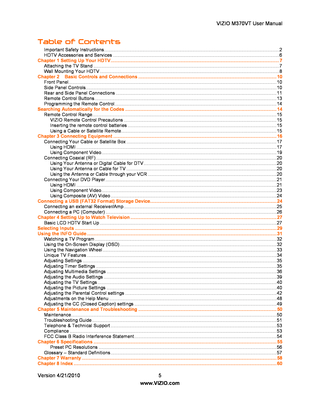 Vizio M370VT manual Table of Contents 