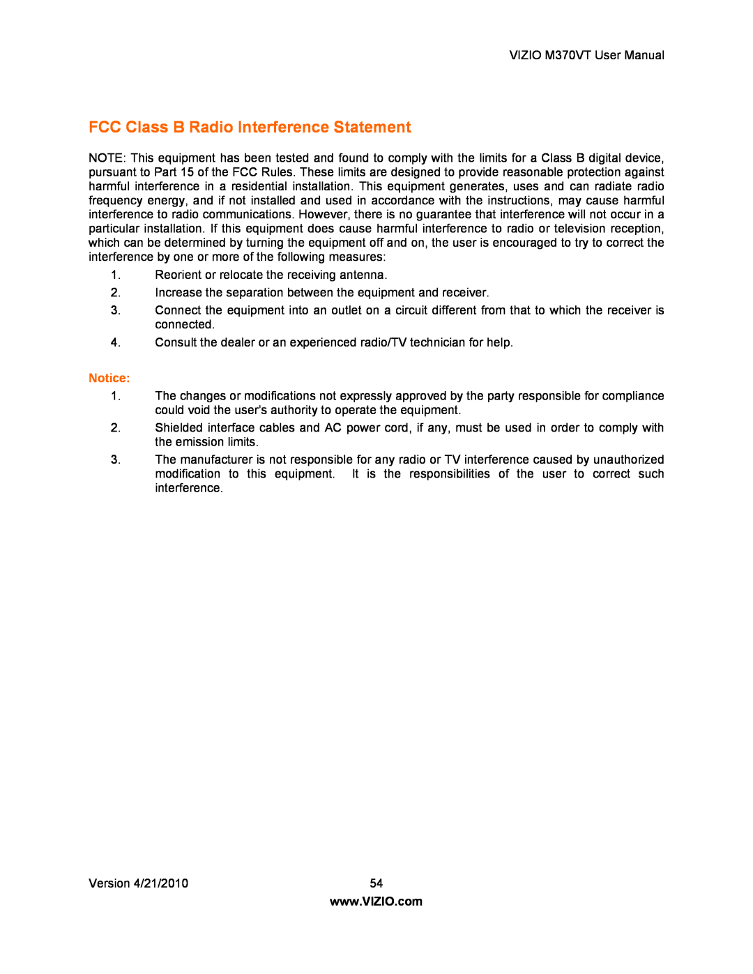 Vizio M370VT manual FCC Class B Radio Interference Statement 