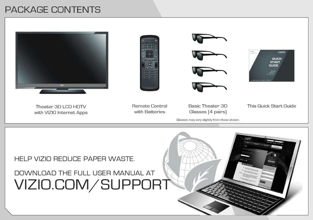 Vizio M3D470KD quick start Package Contents 