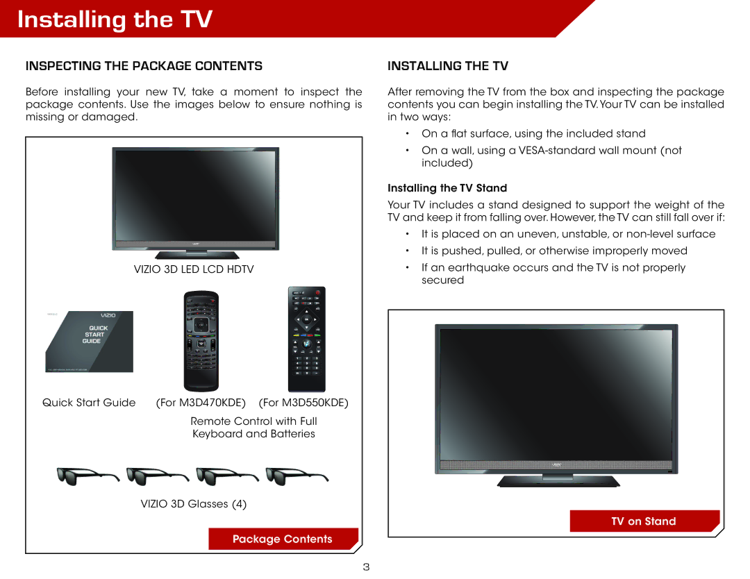 Vizio M3D470KDE, M3D550KDE warranty Installing the TV, Inspecting the Package Contents 