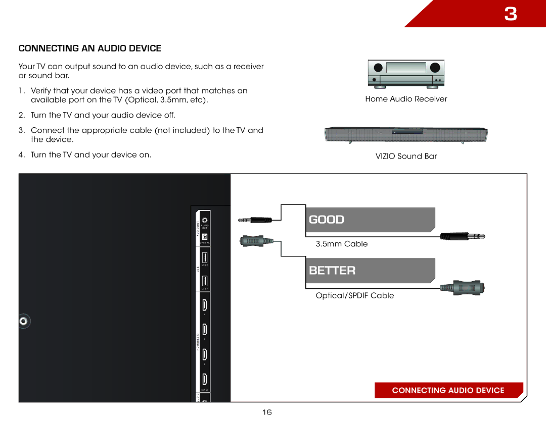 Vizio M3D550KDE, M3D470KDE warranty Connecting an audio device 