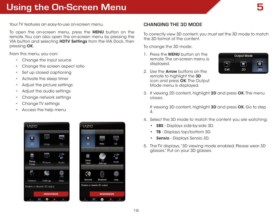 Vizio M3D470KDE, M3D550KDE warranty Using the On-Screen Menu, Changing the 3D Mode 