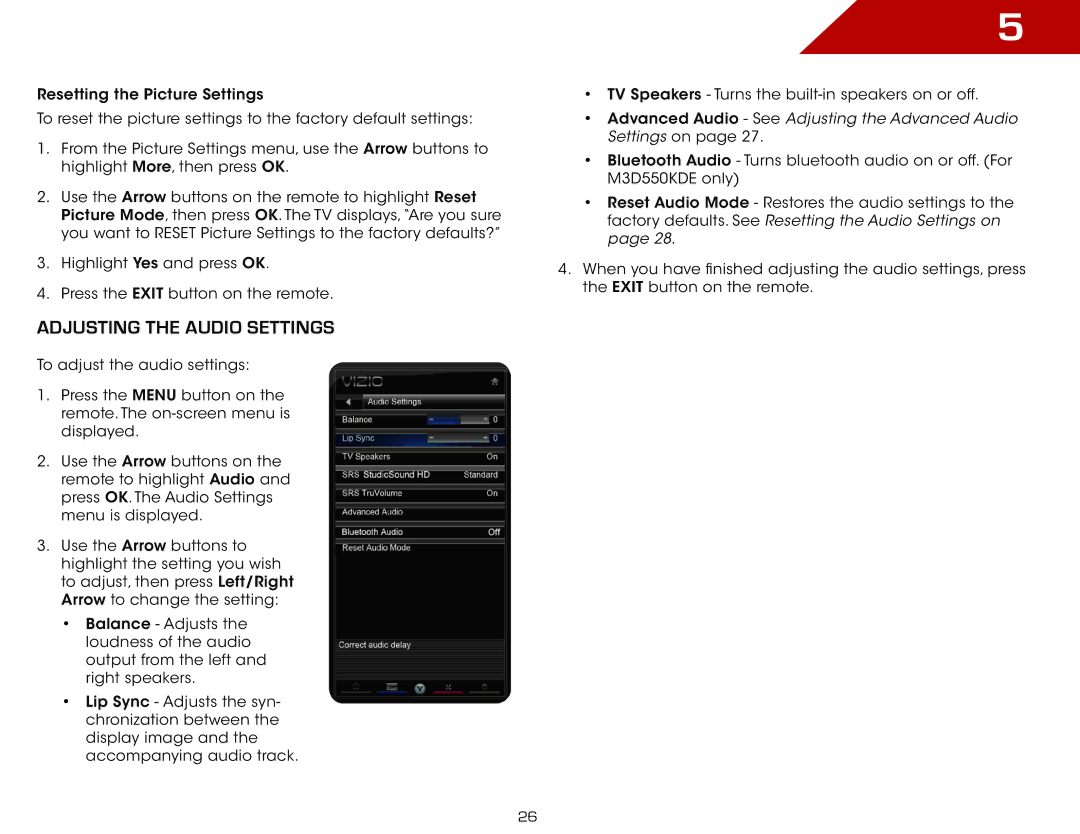 Vizio M3D550KDE, M3D470KDE Adjusting the Audio Settings, Advanced Audio See Adjusting the Advanced Audio Settings on 