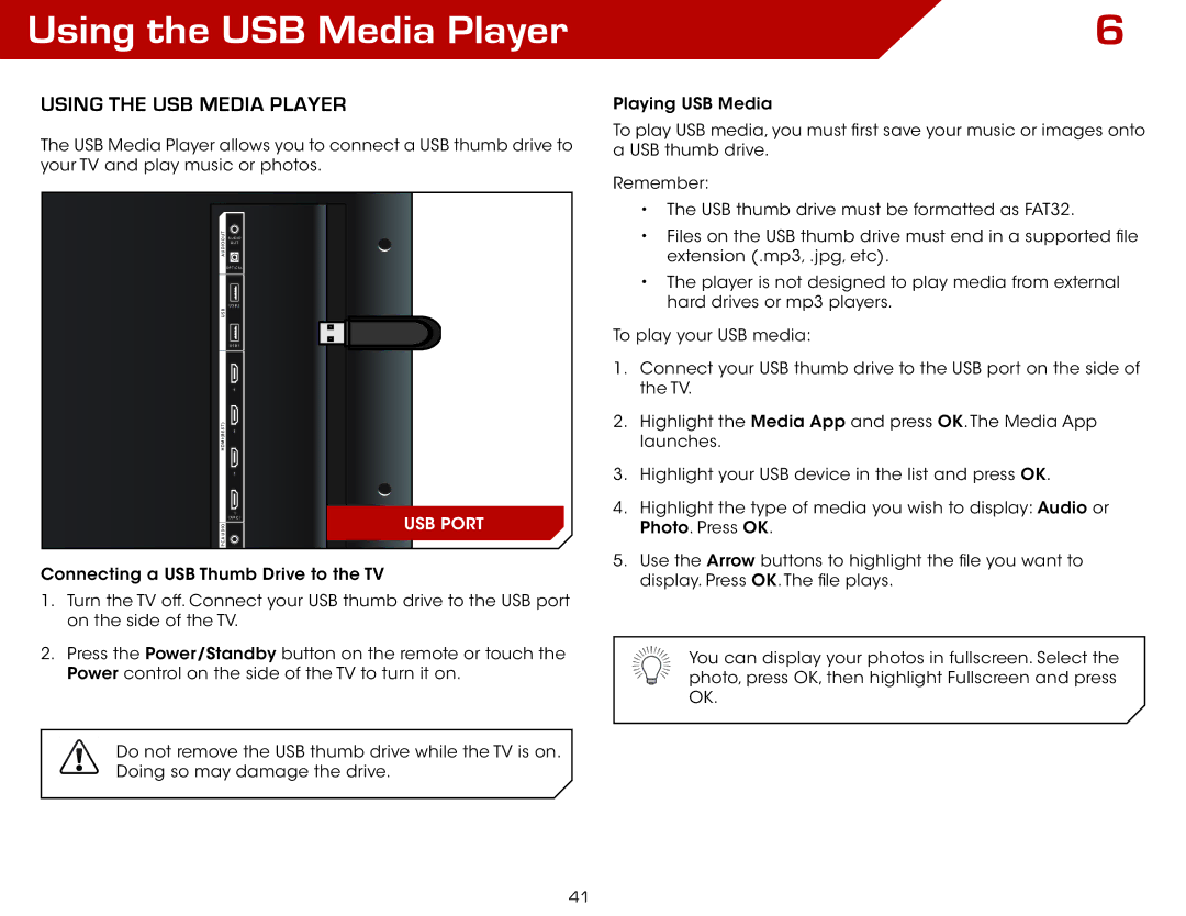 Vizio M3D470KDE, M3D550KDE warranty Using the USB Media Player 