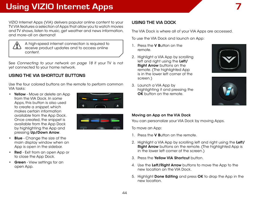 Vizio M3D550KDE, M3D470KDE warranty Using Vizio Internet Apps, Using the VIA Shortcut Buttons, Using the VIA Dock 