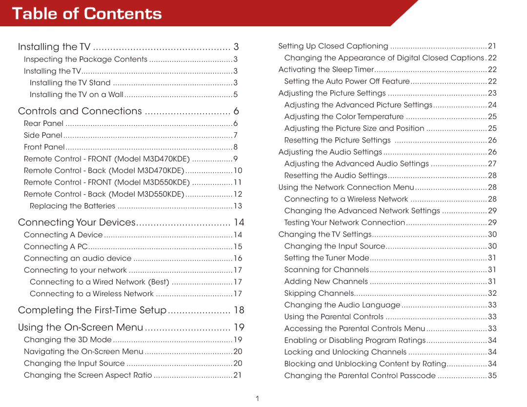 Vizio M3D470KDE, M3D550KDE warranty Table of Contents 