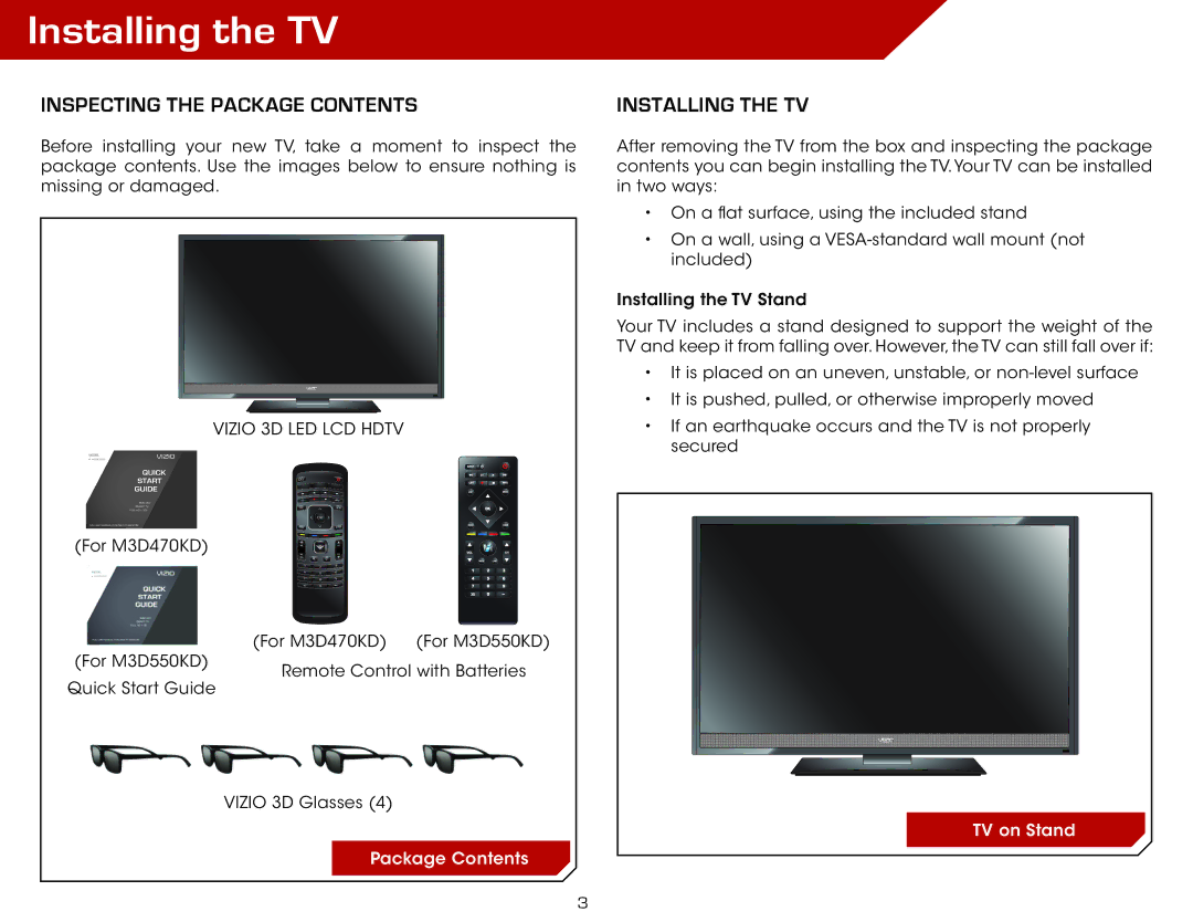 Vizio M3D550KD, M3D470KD warranty Installing the TV, Inspecting the Package Contents 