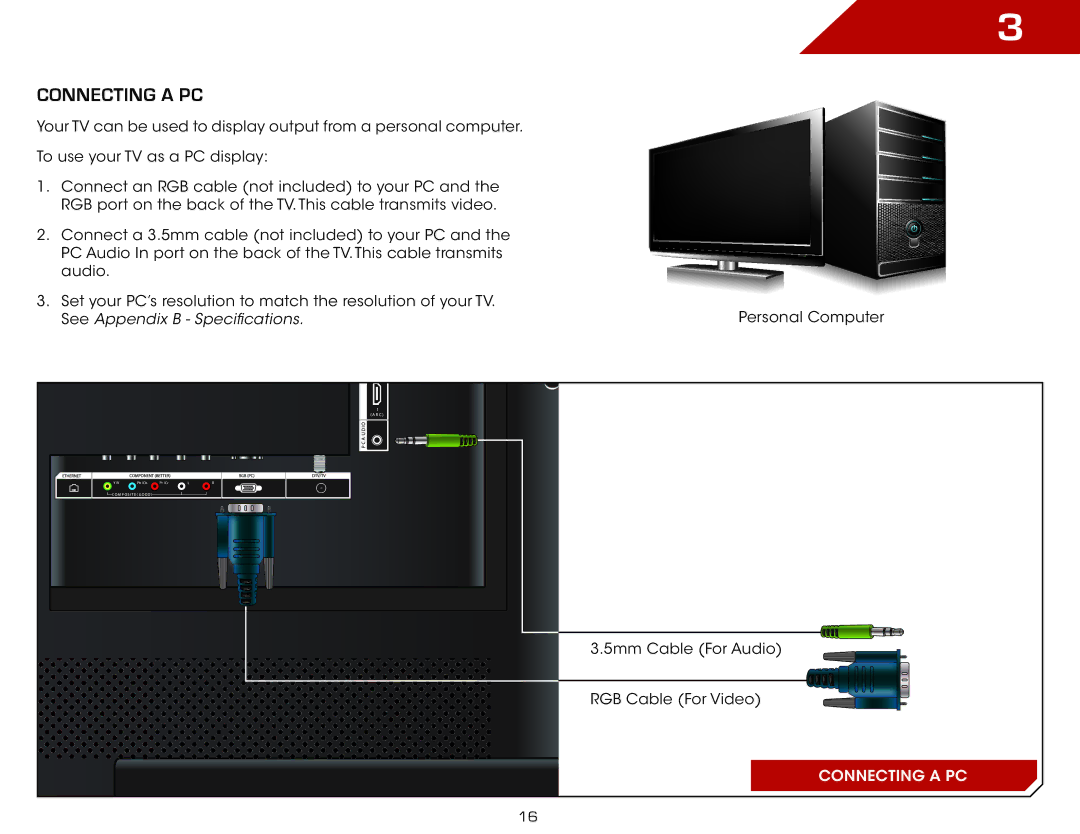 Vizio M3D470KD, M3D550KD warranty Connecting a PC 