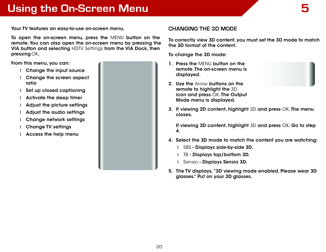 Vizio M3D470KD, M3D550KD warranty Using the On-Screen Menu, Changing the 3D Mode 