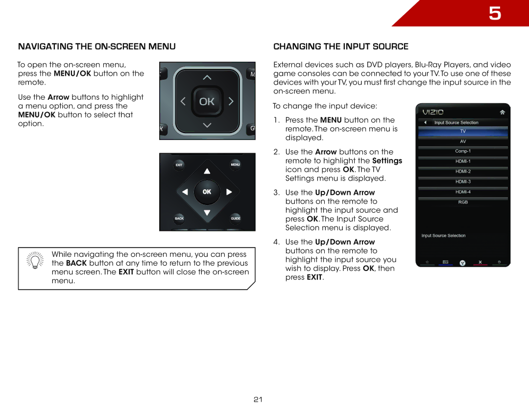 Vizio M3D550KD, M3D470KD warranty Navigating the On-Screen Menu Changing the Input Source 