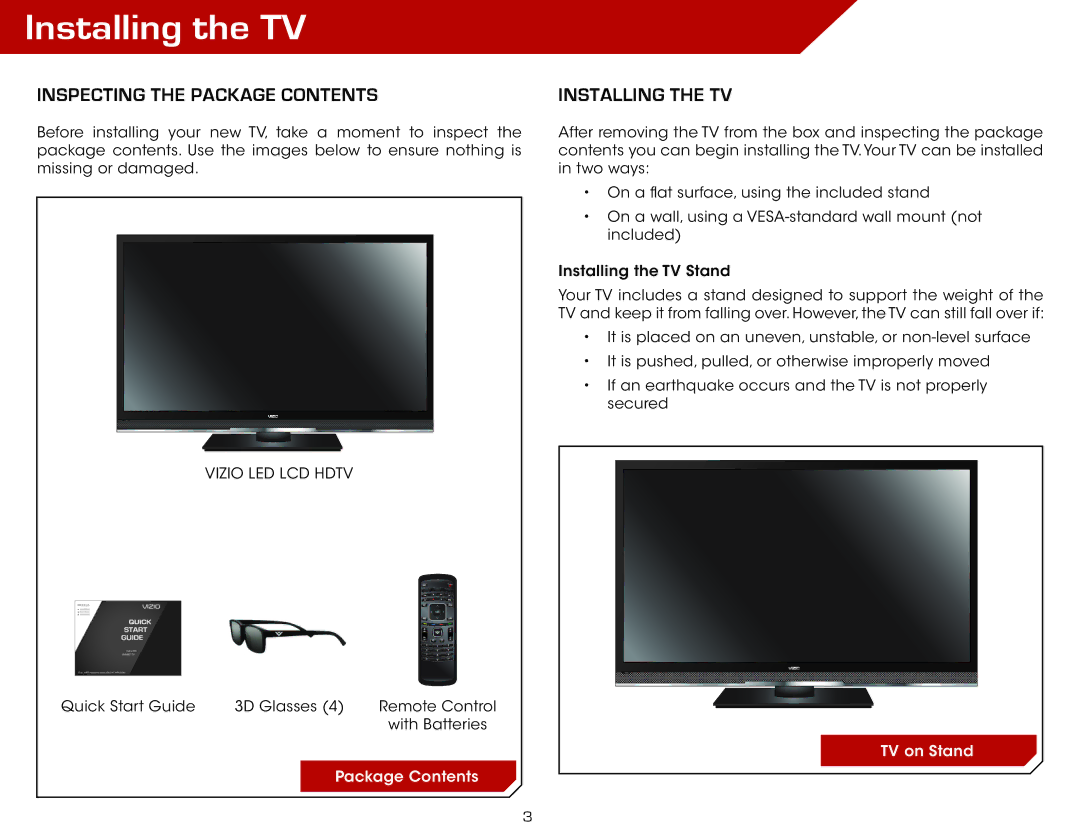 Vizio M3D550SL warranty Installing the TV, Inspecting the Package Contents 