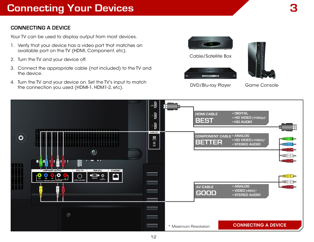 Vizio M3D550SL warranty Connecting Your Devices, Connecting a Device 