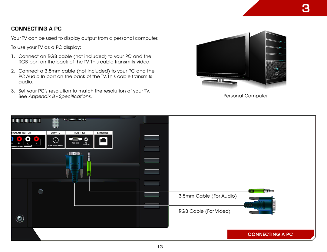 Vizio M3D550SL warranty Connecting a PC 