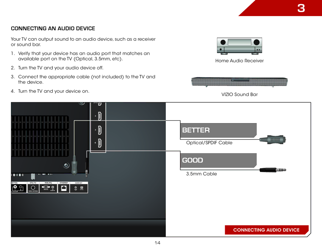 Vizio M3D550SL warranty Good, Connecting an audio device 