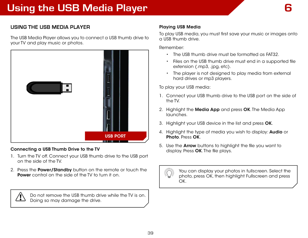 Vizio M3D550SL warranty Using the USB Media Player 