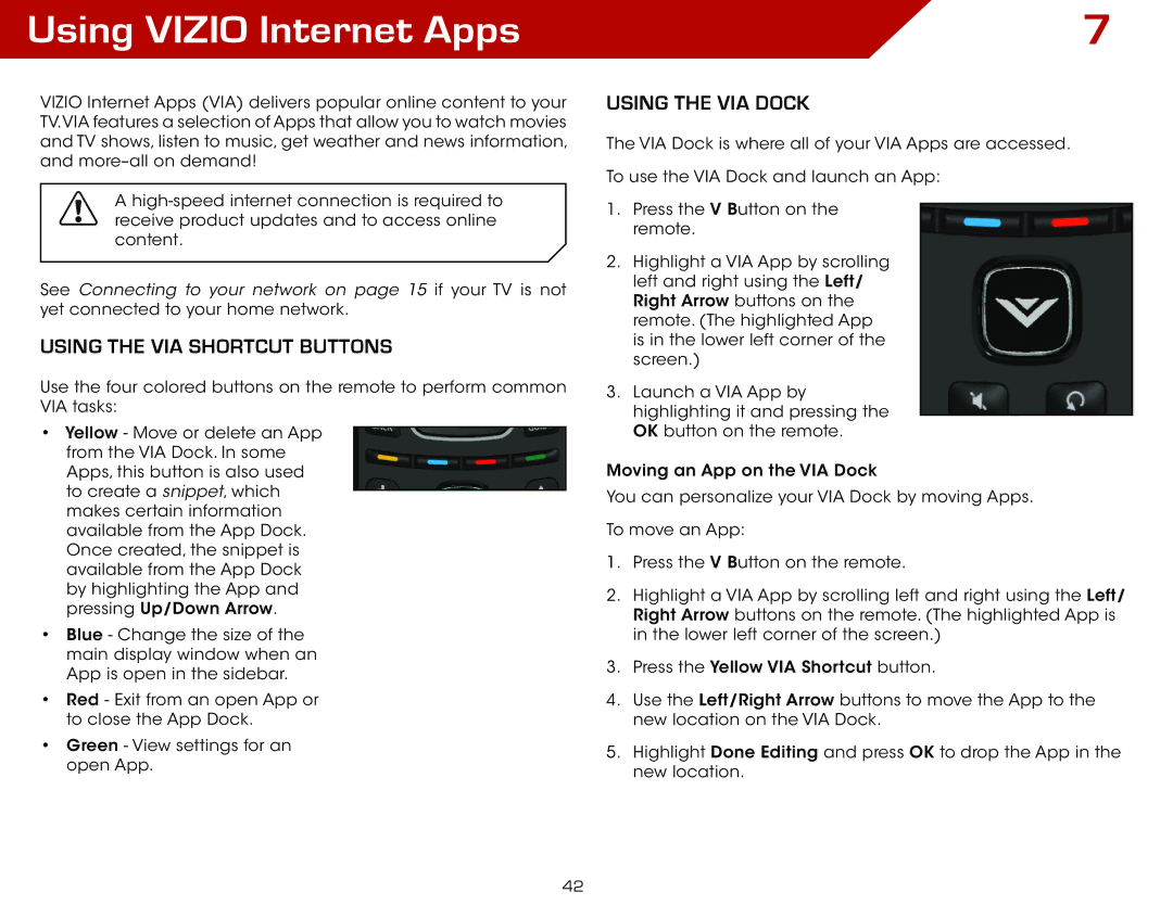 Vizio M3D550SL warranty Using Vizio Internet Apps, Using the VIA Shortcut Buttons, Using the VIA Dock 