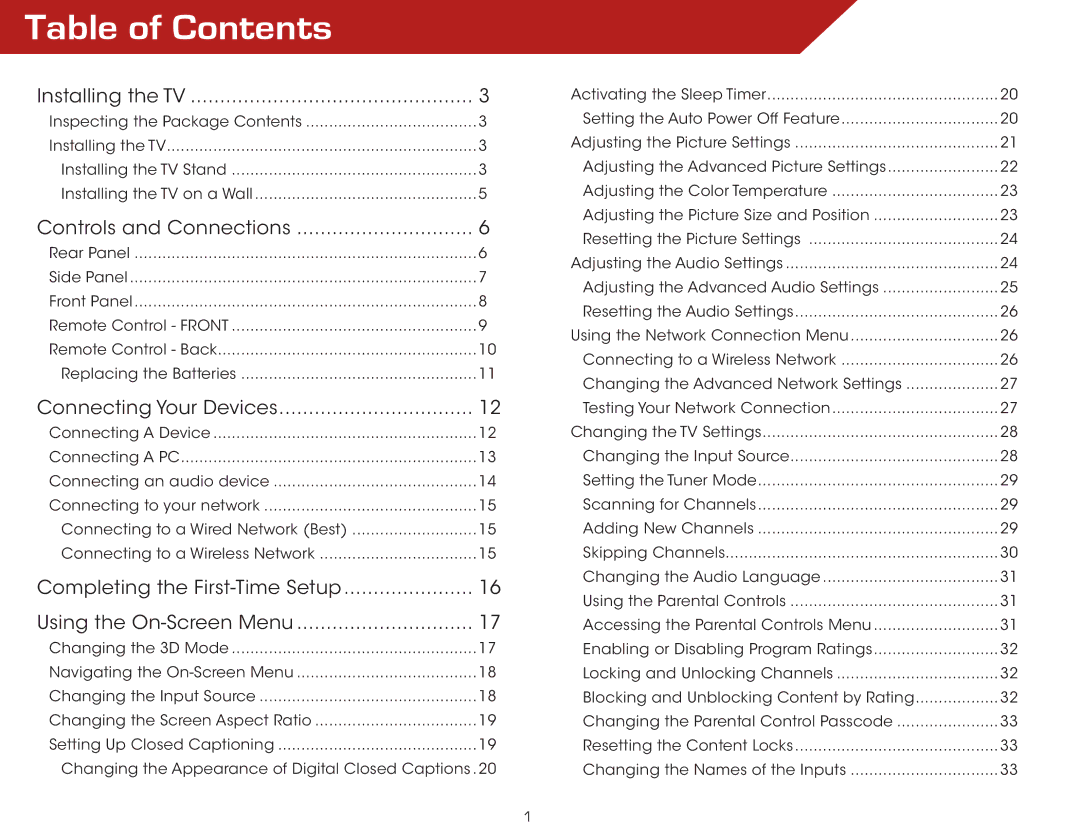 Vizio M3D550SL warranty Table of Contents 