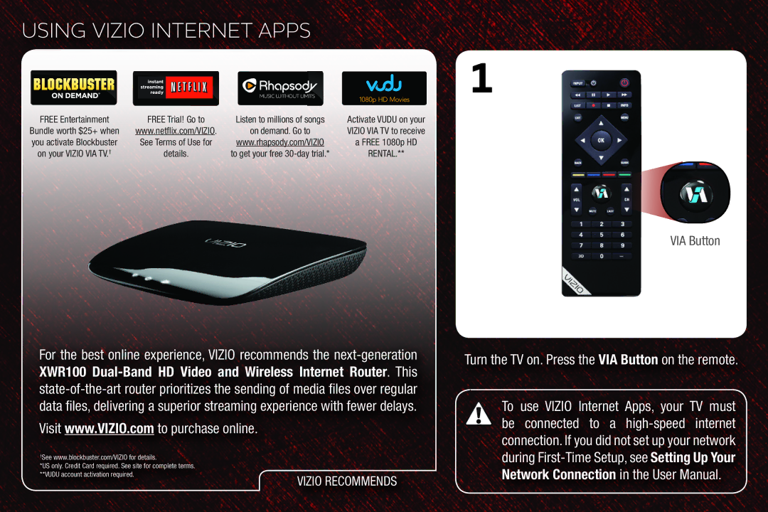 Vizio M3D550SR, M3D460SR, M3D420SR, M3D421SR quick start Using Vizio Internet Apps, Bundle worth $25+ when 