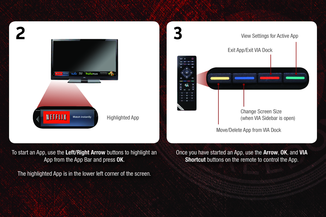 Vizio M3D460SR, M3D550SR, M3D420SR, M3D421SR quick start Shortcut buttons on the remote to control the App 