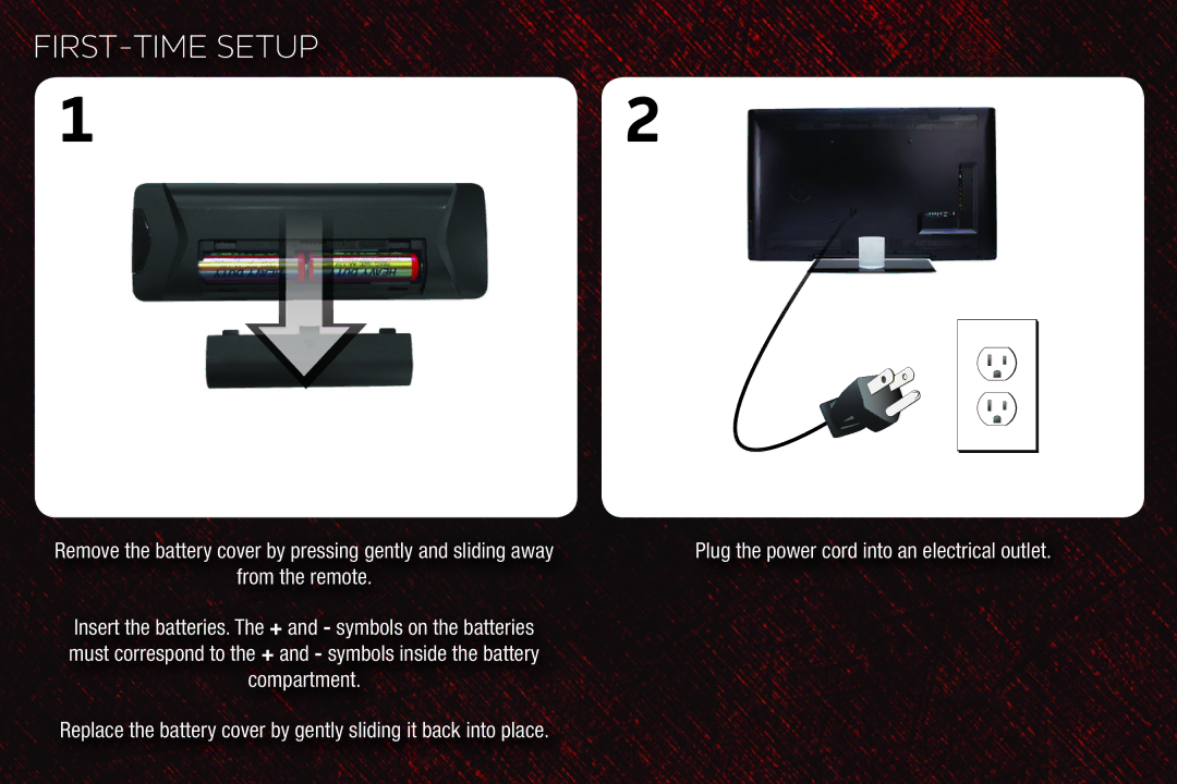 Vizio M3D550SR, M3D460SR, M3D420SR, M3D421SR FIRST-TIME Setup, Insert the batteries. The + and symbols on the batteries 