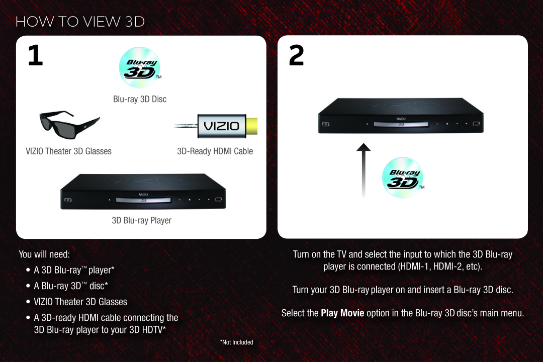 Vizio M3D420SR, M3D550SR HOW TO VIEW 3D, Blu-ray 3D Disc, VIZIO Theater 3D Glasses, 3D Blu-ray Player, 3D-Ready HDMI Cable 