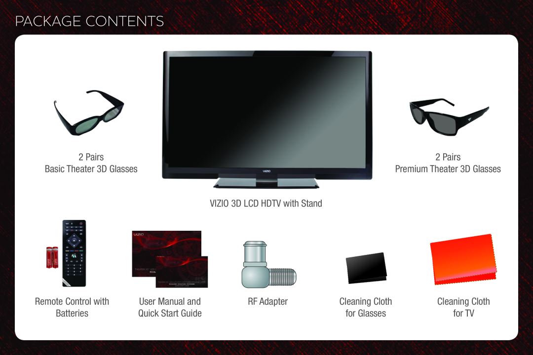 Vizio M3D420SR Package Contents, VIZIO 3D LCD HDTV with Stand, User Manual and, RF Adapter, Quick Start Guide, Pairs 