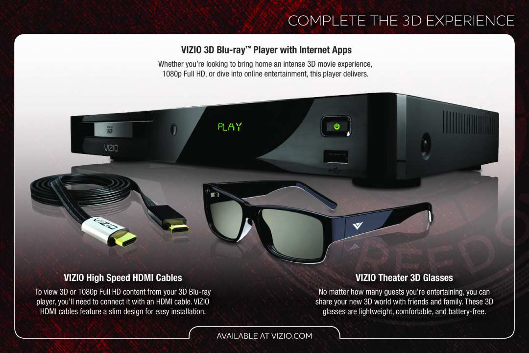 Vizio M3D421SR, M3D550SR COMPLETE THE 3D EXPERIENCE, VIZIO 3D Blu-ray Player with Internet Apps, Available At Vizio.Com 