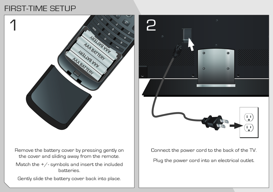 Vizio M3D55OKDE quick start First-Time Setup, Match the +/- symbols and insert the included batteries, Battery, Wide 