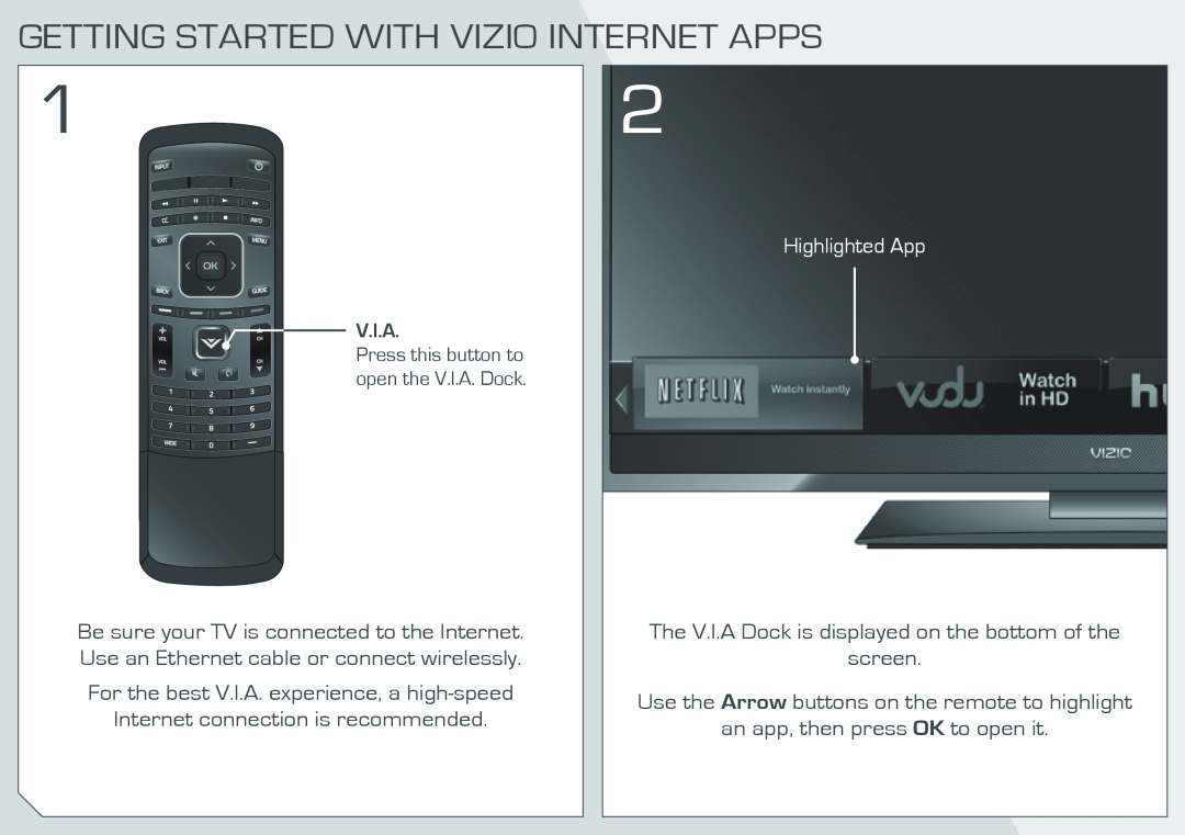 Vizio M3D55OKDE Getting Started With Vizio Internet Apps, Highlighted App, For the best V.I.A. experience, a high-speed 