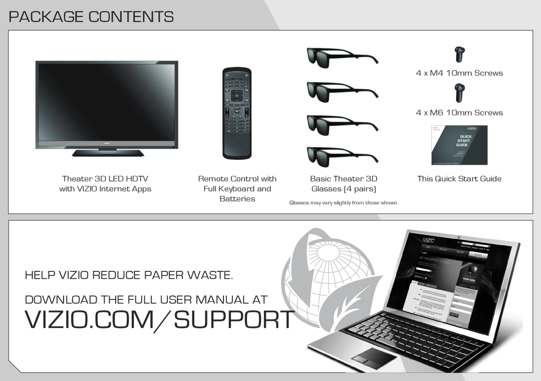 Vizio M3D55OKDE Package Contents, Vizio.Com/Support, 4 x M4 10mm Screws 4 x M6 10mm Screws, Theater 3D LED HDTV, Batteries 