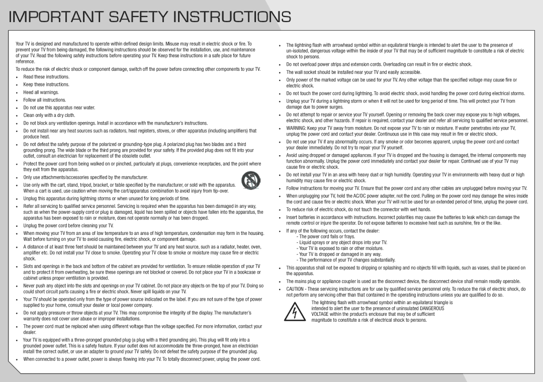 Vizio M3D650SV quick start Important Safety Instructions, Unplug the power cord before cleaning your TV 