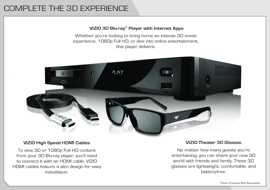 Vizio M3D650SV quick start Complete the 3D Experience, Vizio 3D Blu-rayPlayer with Internet Apps 