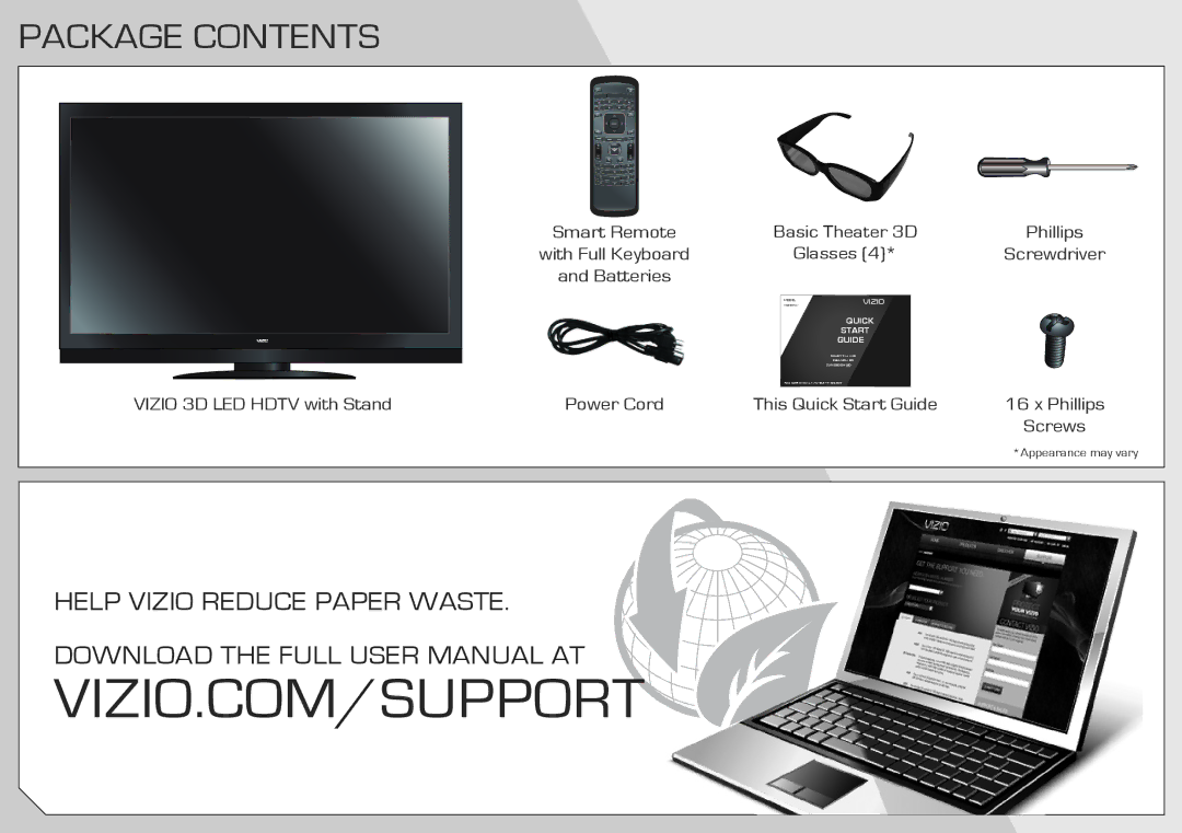 Vizio M3D651SV quick start Package Contents 